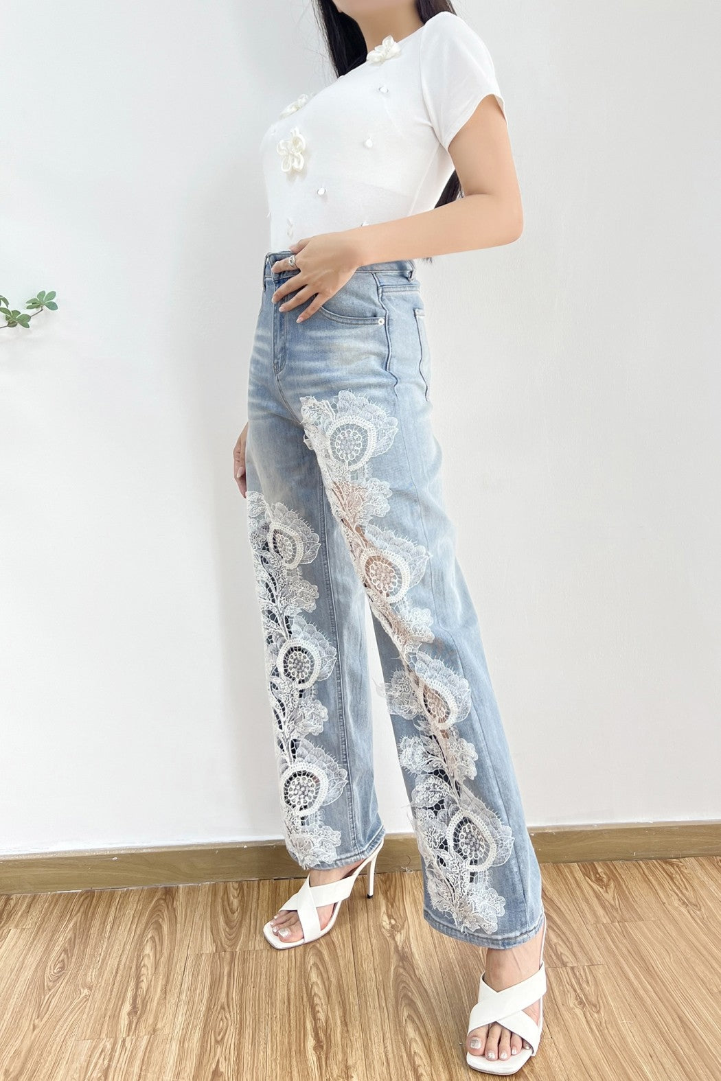 Lace Patchwork Straight Denim
