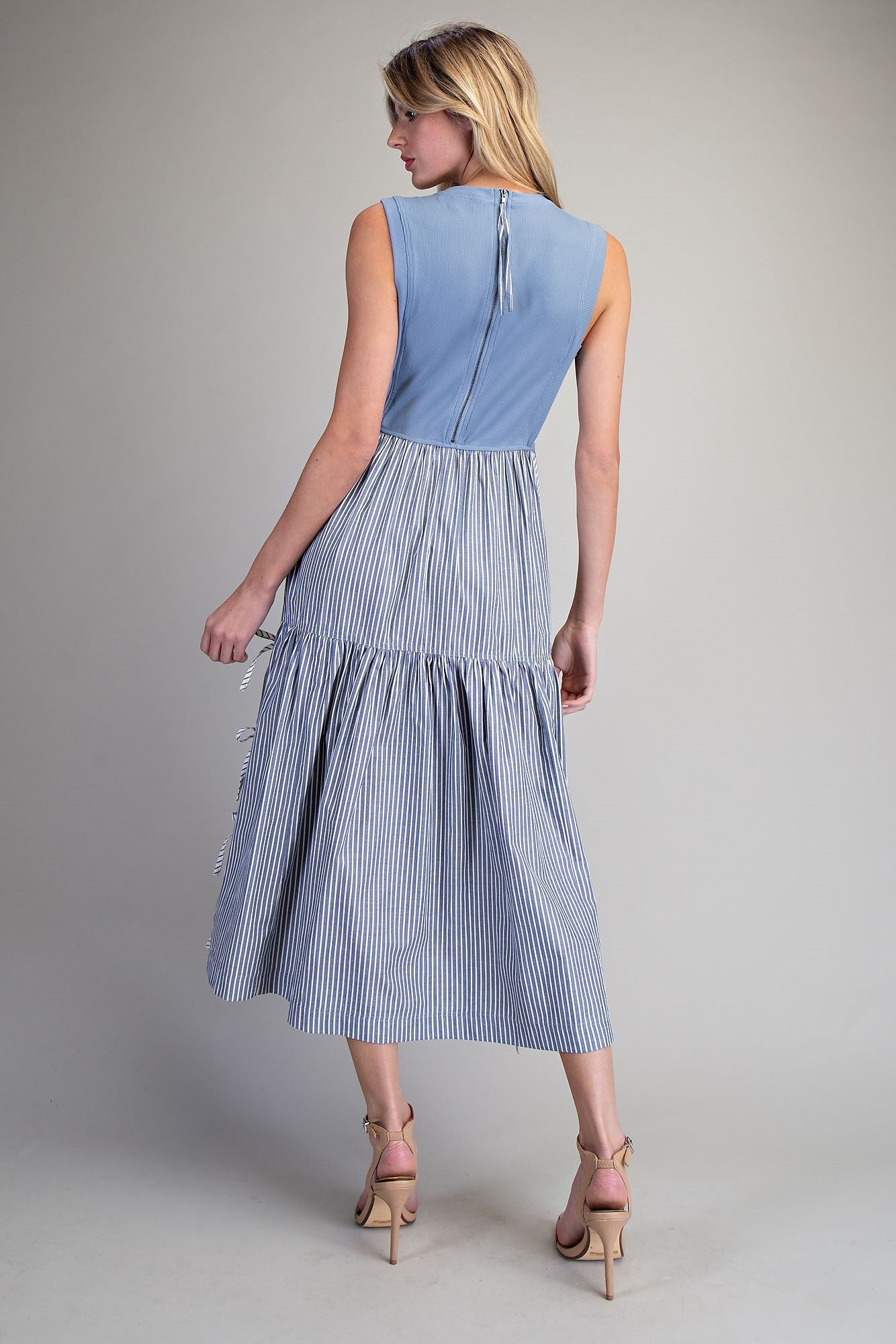 Sleeveless Striped Side Bow Midi Dress
