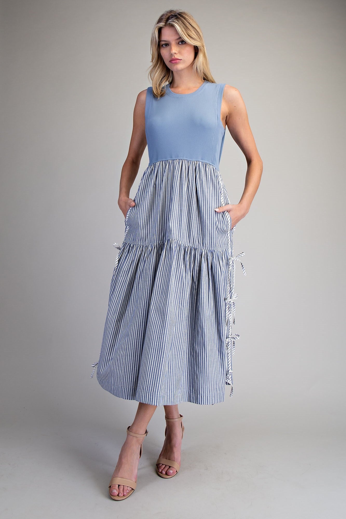 Sleeveless Striped Side Bow Midi Dress