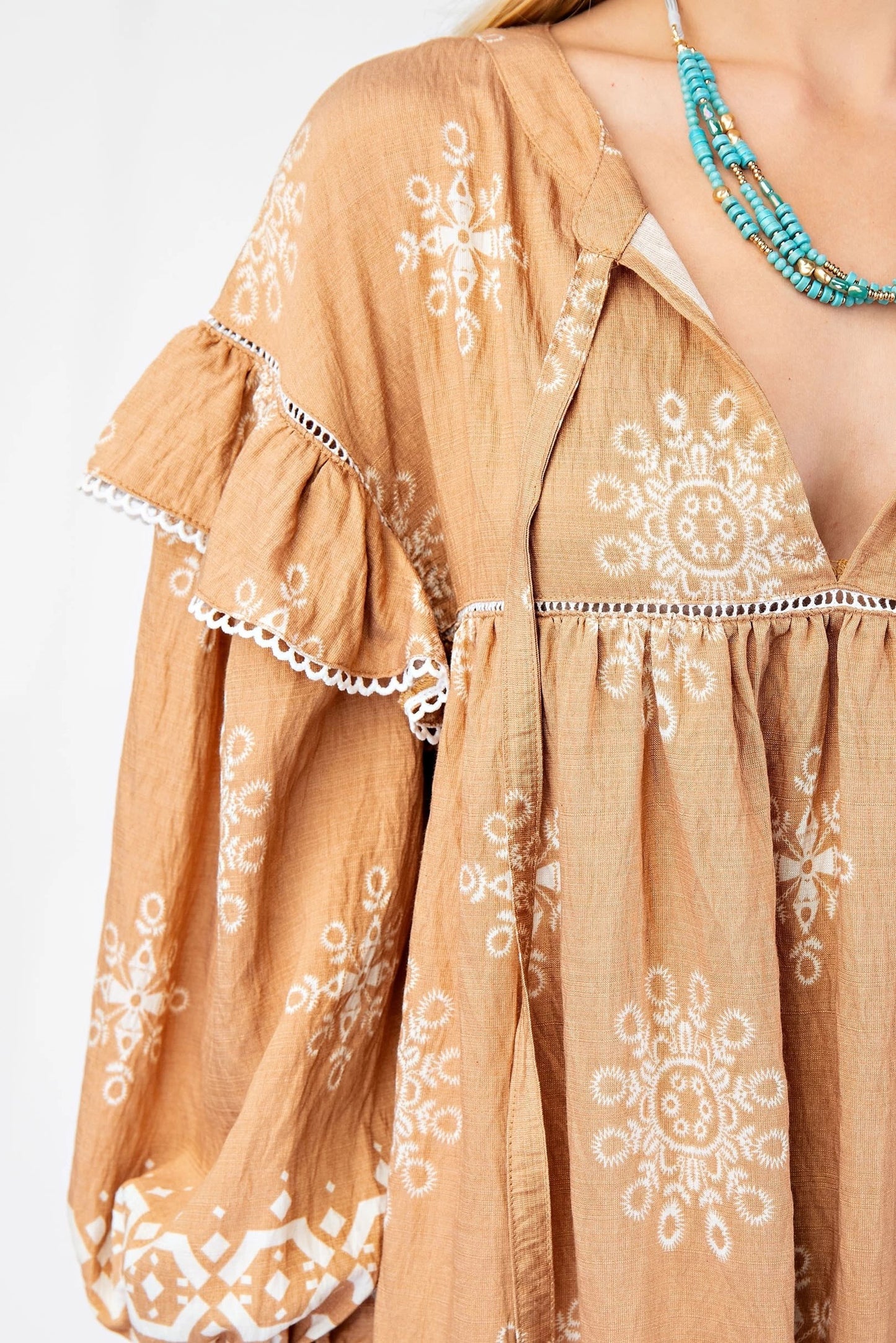 Long Sleeve Babydoll Dress with Neck Tie and Decorative Trimmed Ruffle Details