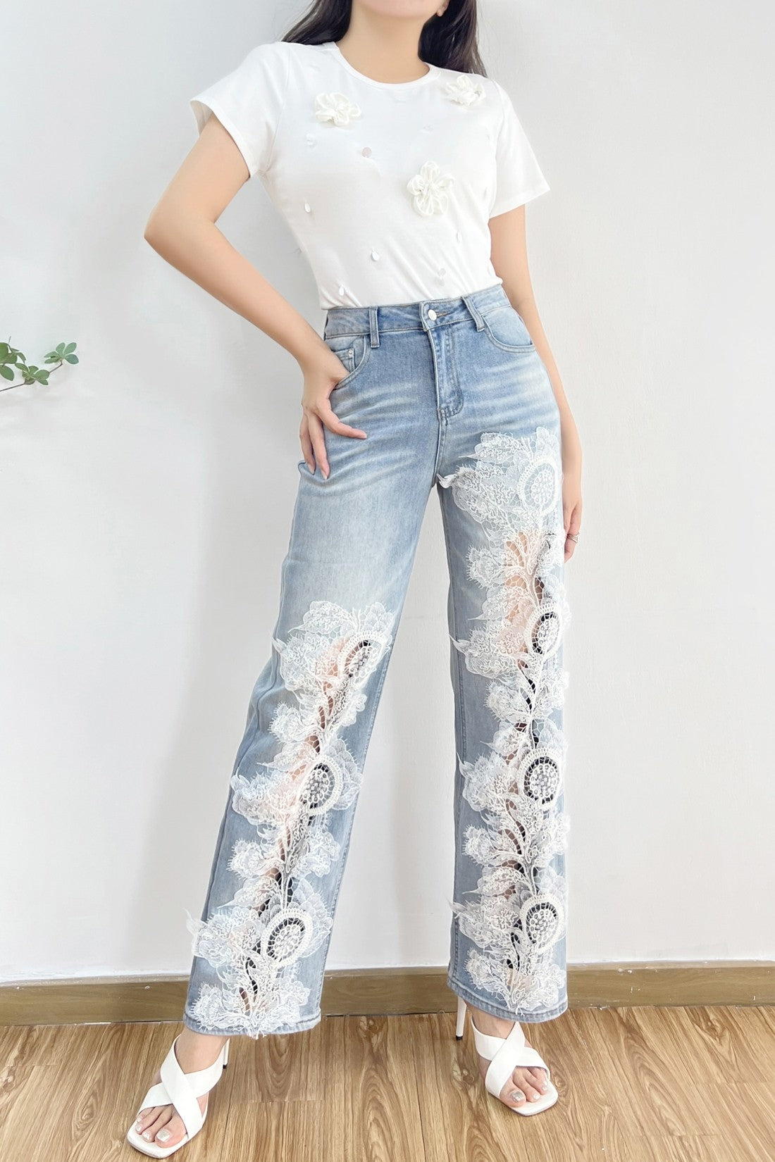 Lace Patchwork Straight Denim