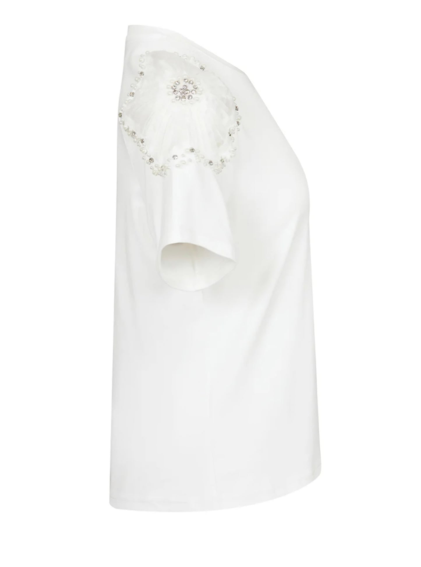 Tshirt blanca con aplicaciones de perlas y rainstone en hombros