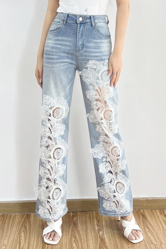 Lace Patchwork Straight Denim