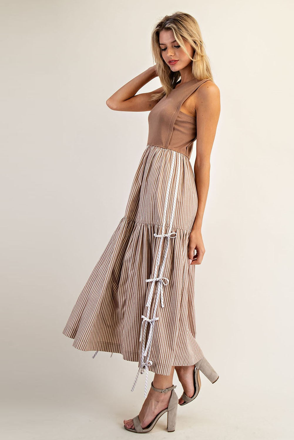 Sleeveless Striped Side Bow Midi Dress