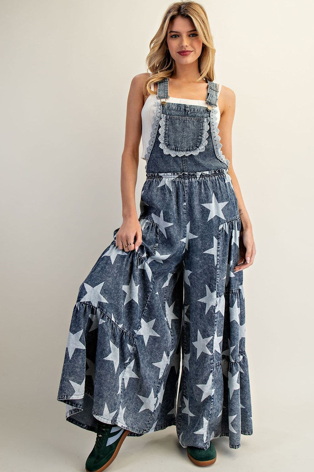 Mineral Washed Star Printed Tiered Jumpsuit