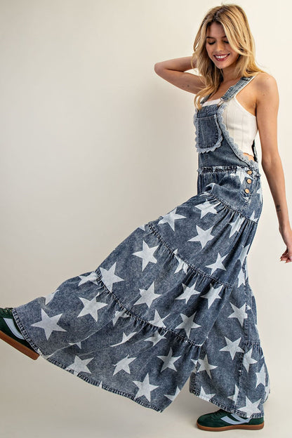 Mineral Washed Star Printed Tiered Jumpsuit