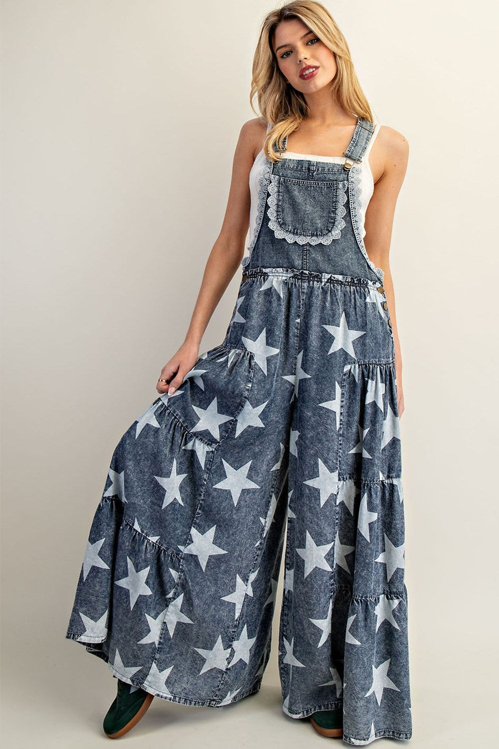 Mineral Washed Star Printed Tiered Jumpsuit