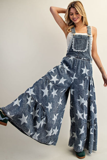 Mineral Washed Star Printed Tiered Jumpsuit