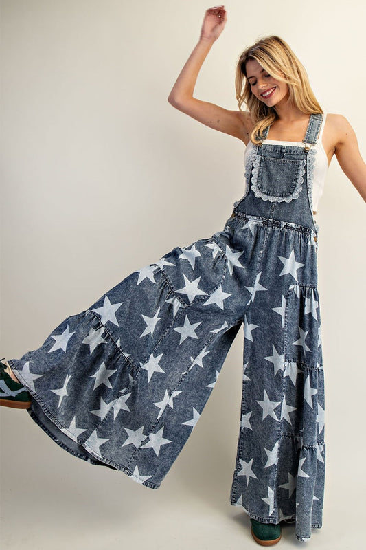 Mineral Washed Star Printed Tiered Jumpsuit