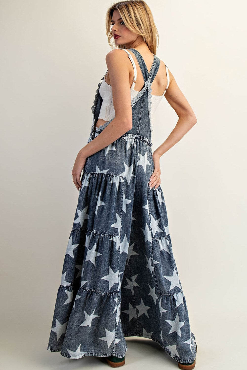 Mineral Washed Star Printed Tiered Jumpsuit