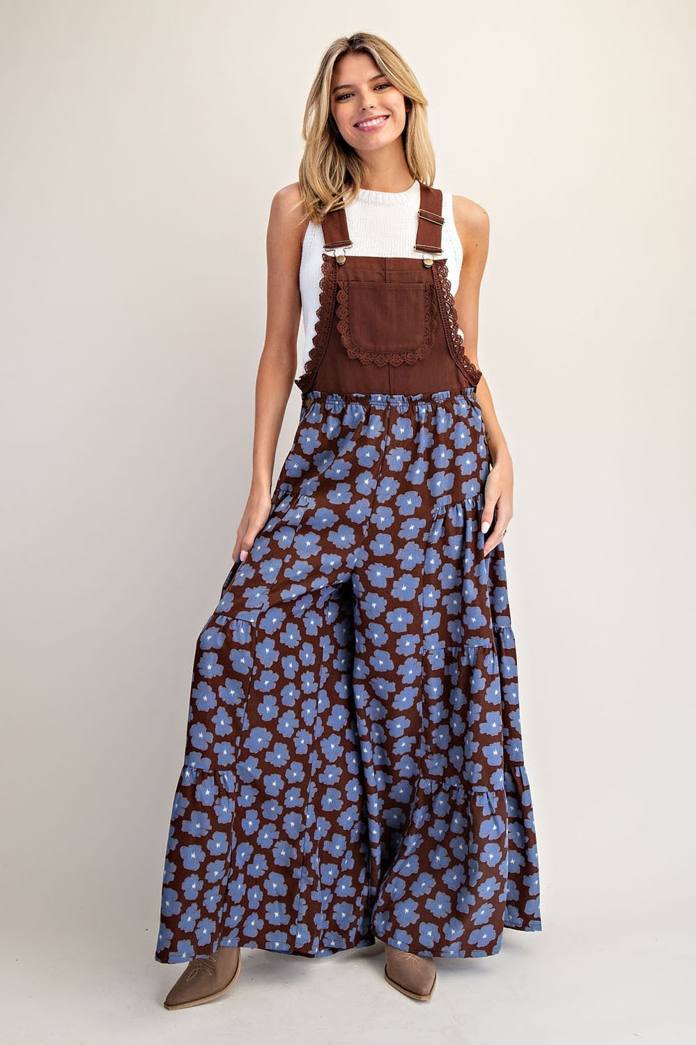 Floral Print Scallop Lace Trim Sleeveless Jumpsuit