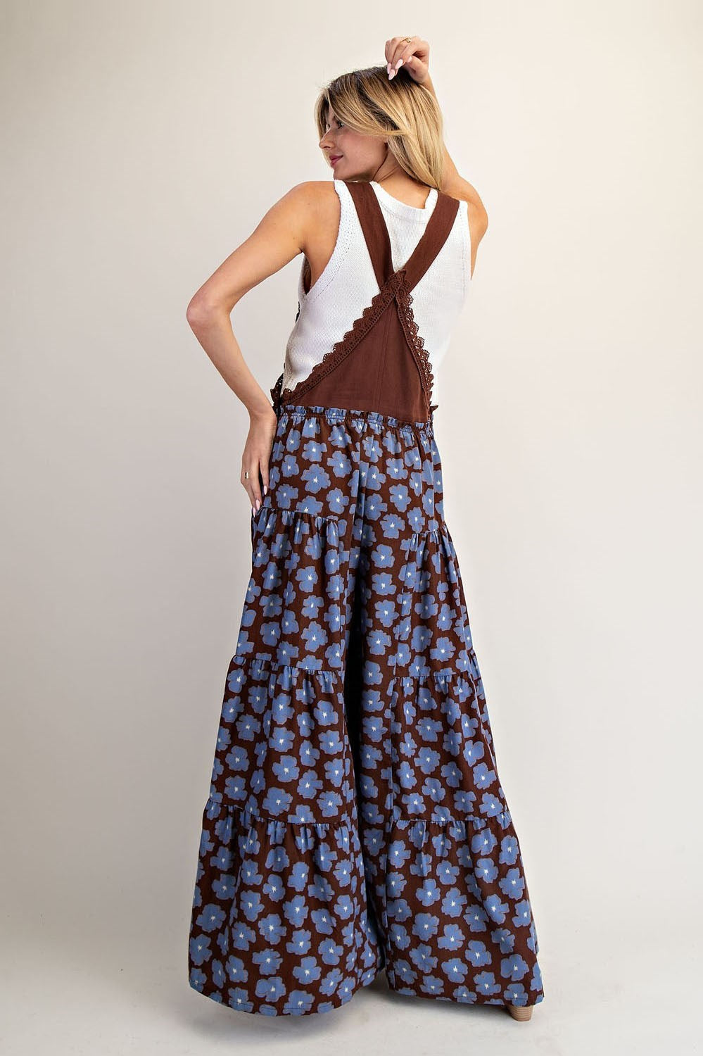 Floral Print Scallop Lace Trim Sleeveless Jumpsuit