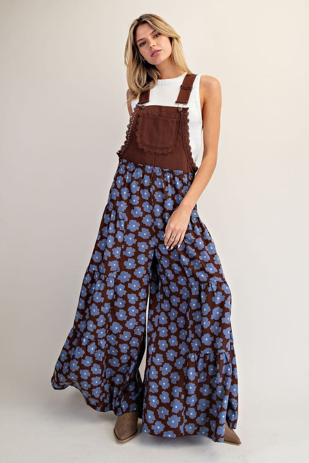 Floral Print Scallop Lace Trim Sleeveless Jumpsuit