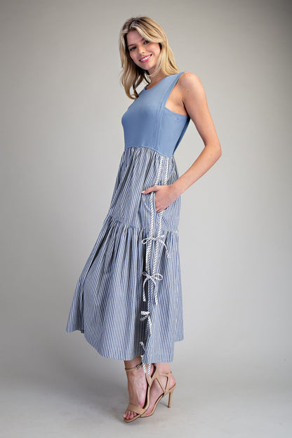 Sleeveless Striped Side Bow Midi Dress