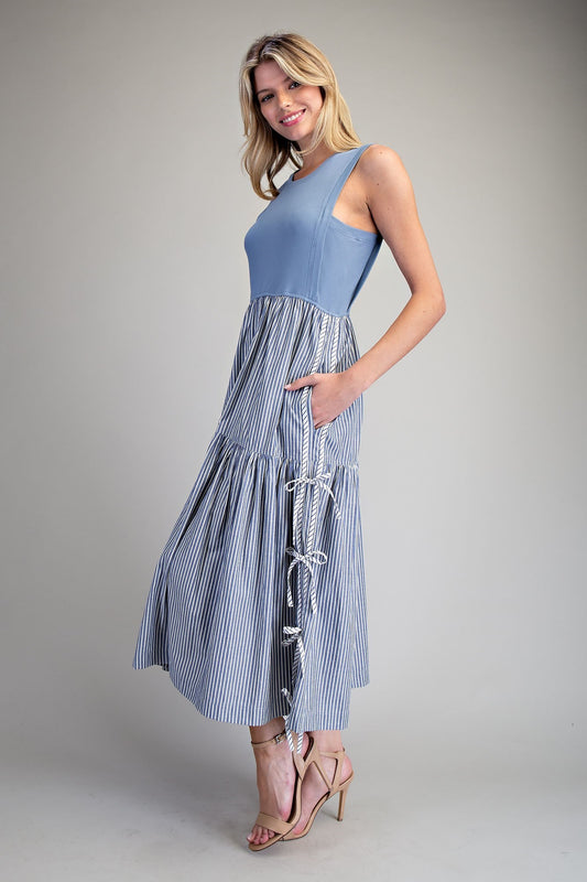 Sleeveless Striped Side Bow Midi Dress