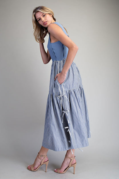 Sleeveless Striped Side Bow Midi Dress