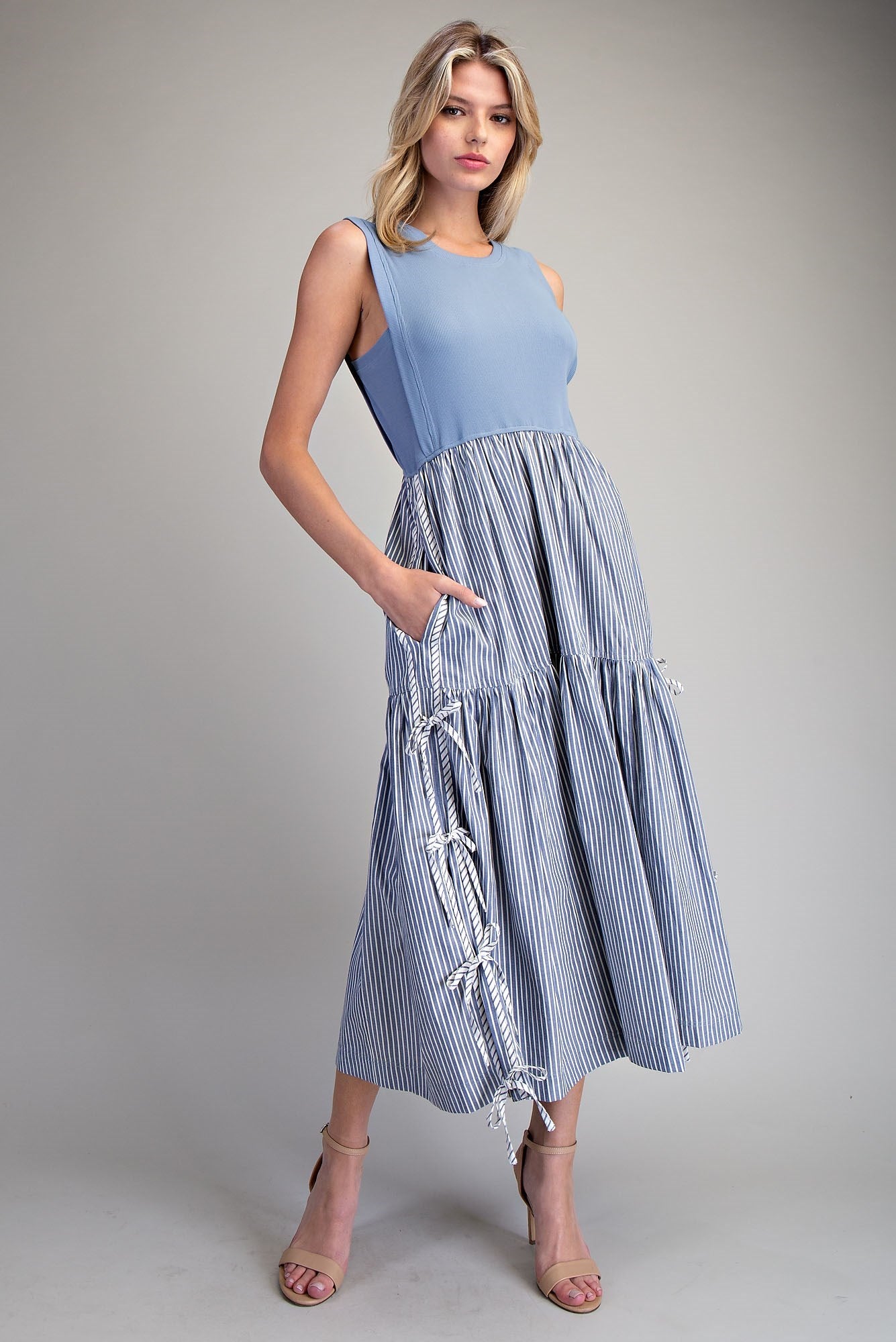 Sleeveless Striped Side Bow Midi Dress
