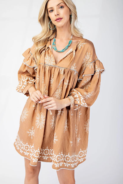 Long Sleeve Babydoll Dress with Neck Tie and Decorative Trimmed Ruffle Details