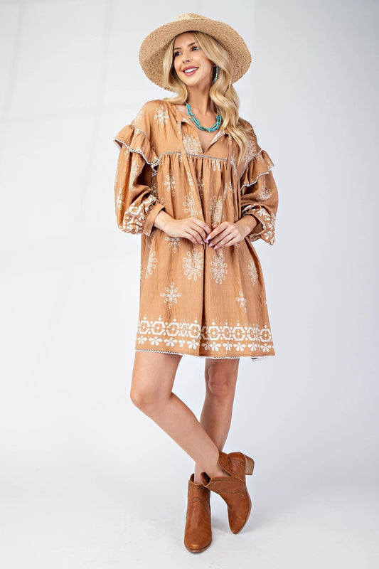 Long Sleeve Babydoll Dress with Neck Tie and Decorative Trimmed Ruffle Details