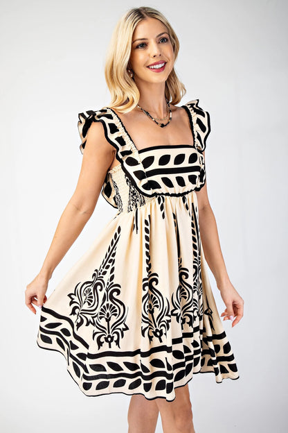 Printed Babydoll Dress with Ruffle Strap Sleeves