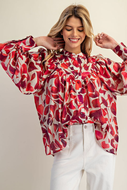 Leaf Pattern Button Down Blouse