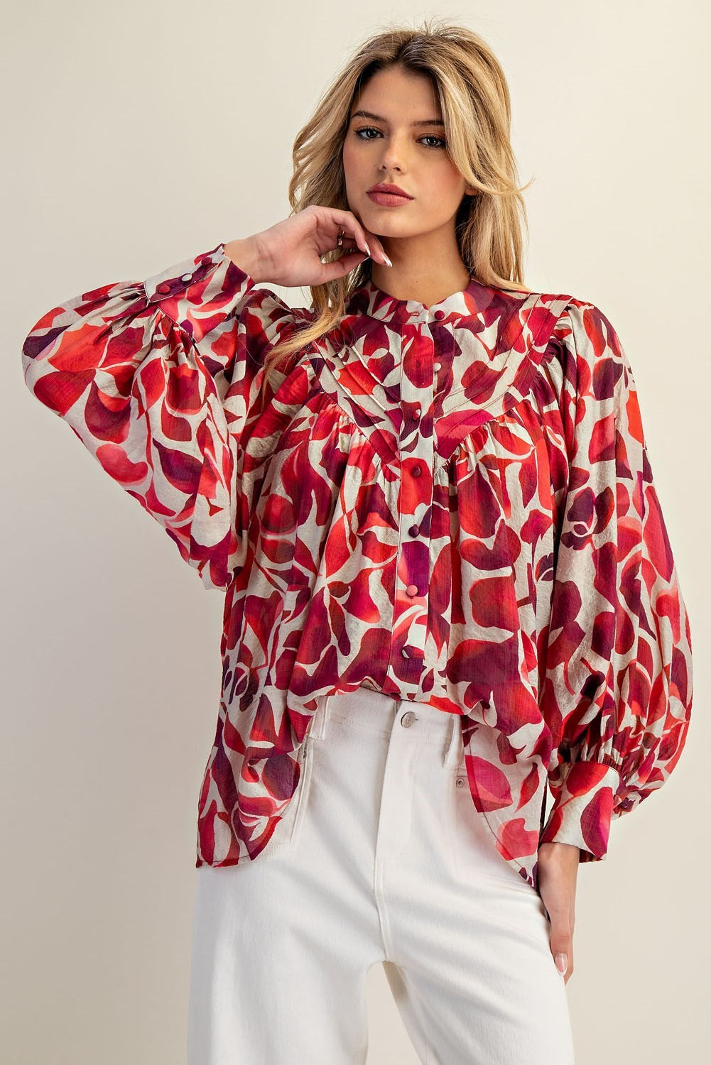 Leaf Pattern Button Down Blouse