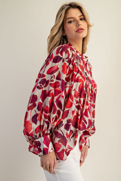 Leaf Pattern Button Down Blouse