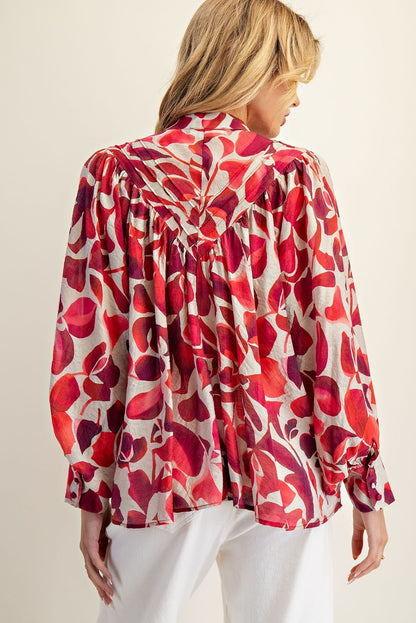 Leaf Pattern Button Down Blouse