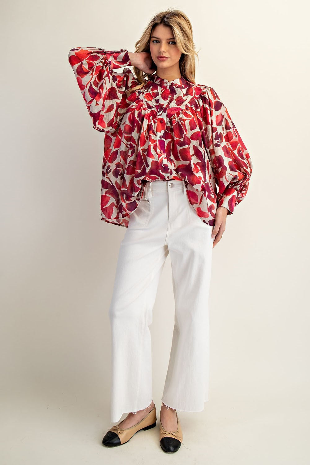 Leaf Pattern Button Down Blouse