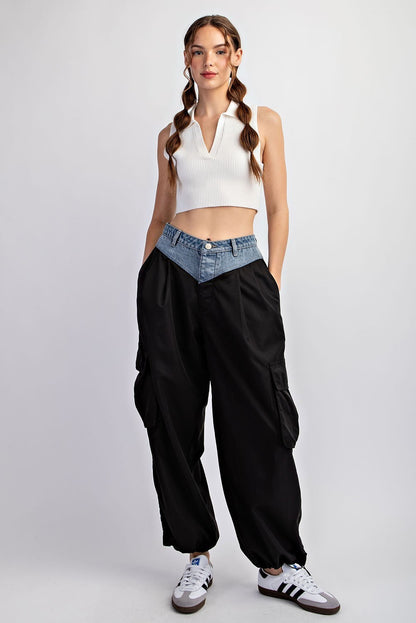 Color block denim cargo pant