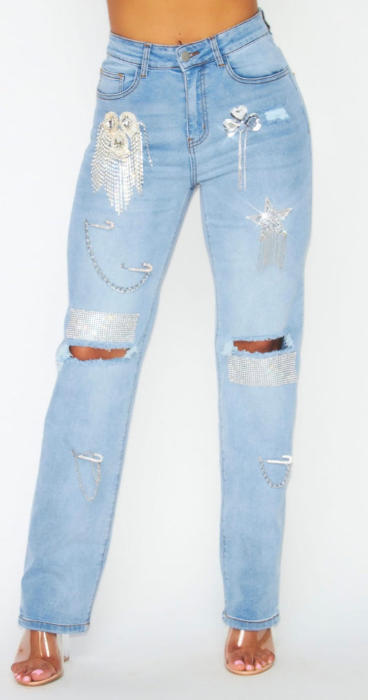 Rhinstone denim pants jeans