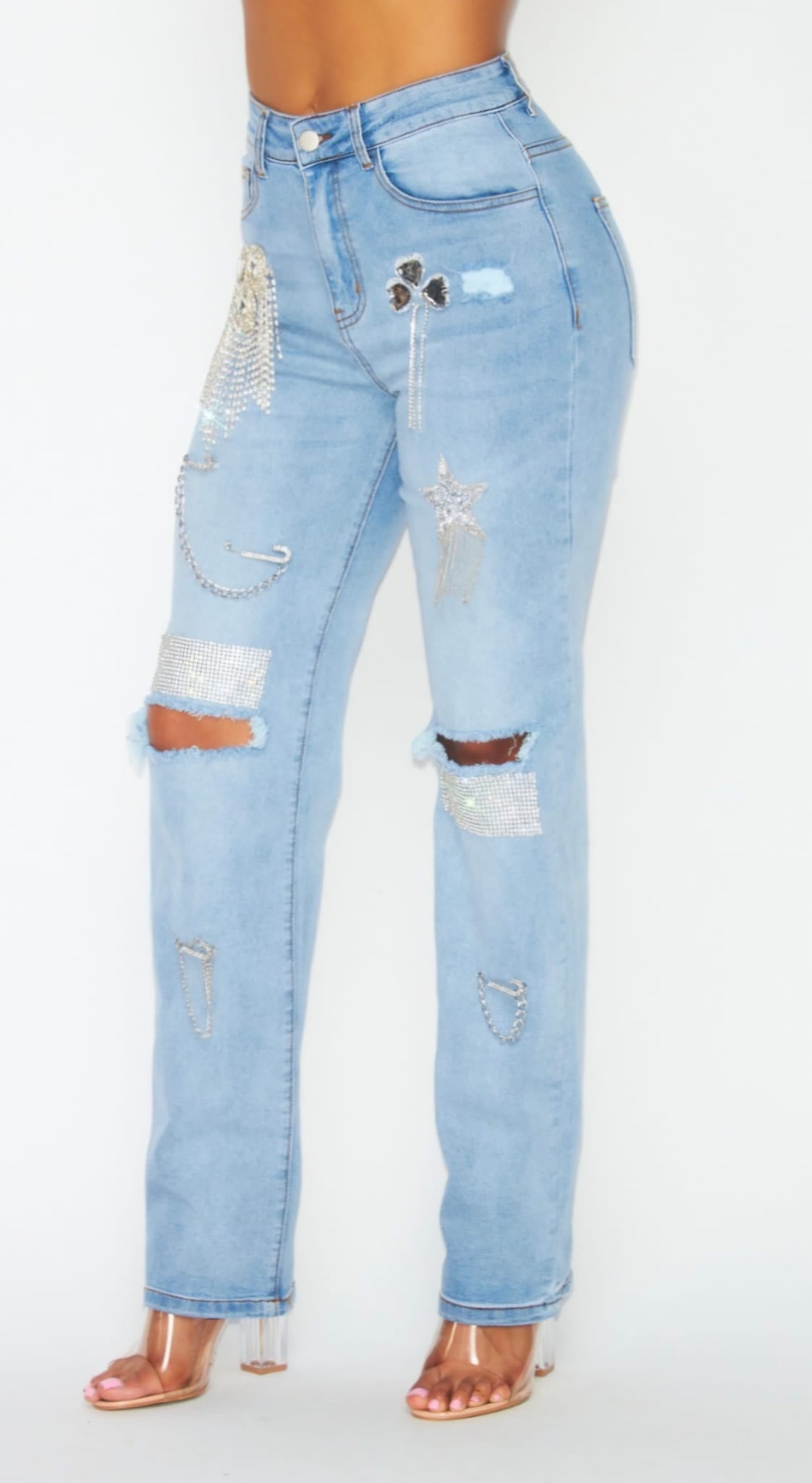 Rhinstone denim pants jeans