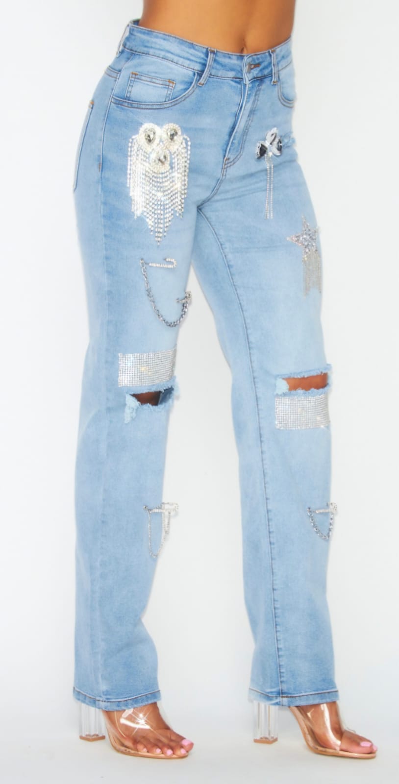 Rhinstone denim pants jeans