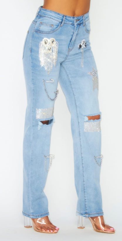 Rhinstone denim pants jeans