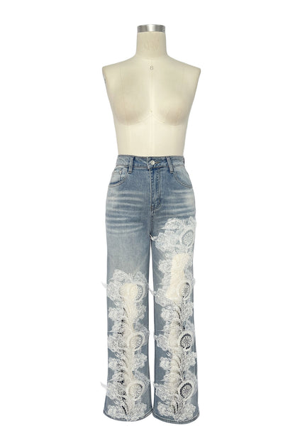 Lace Patchwork Straight Denim
