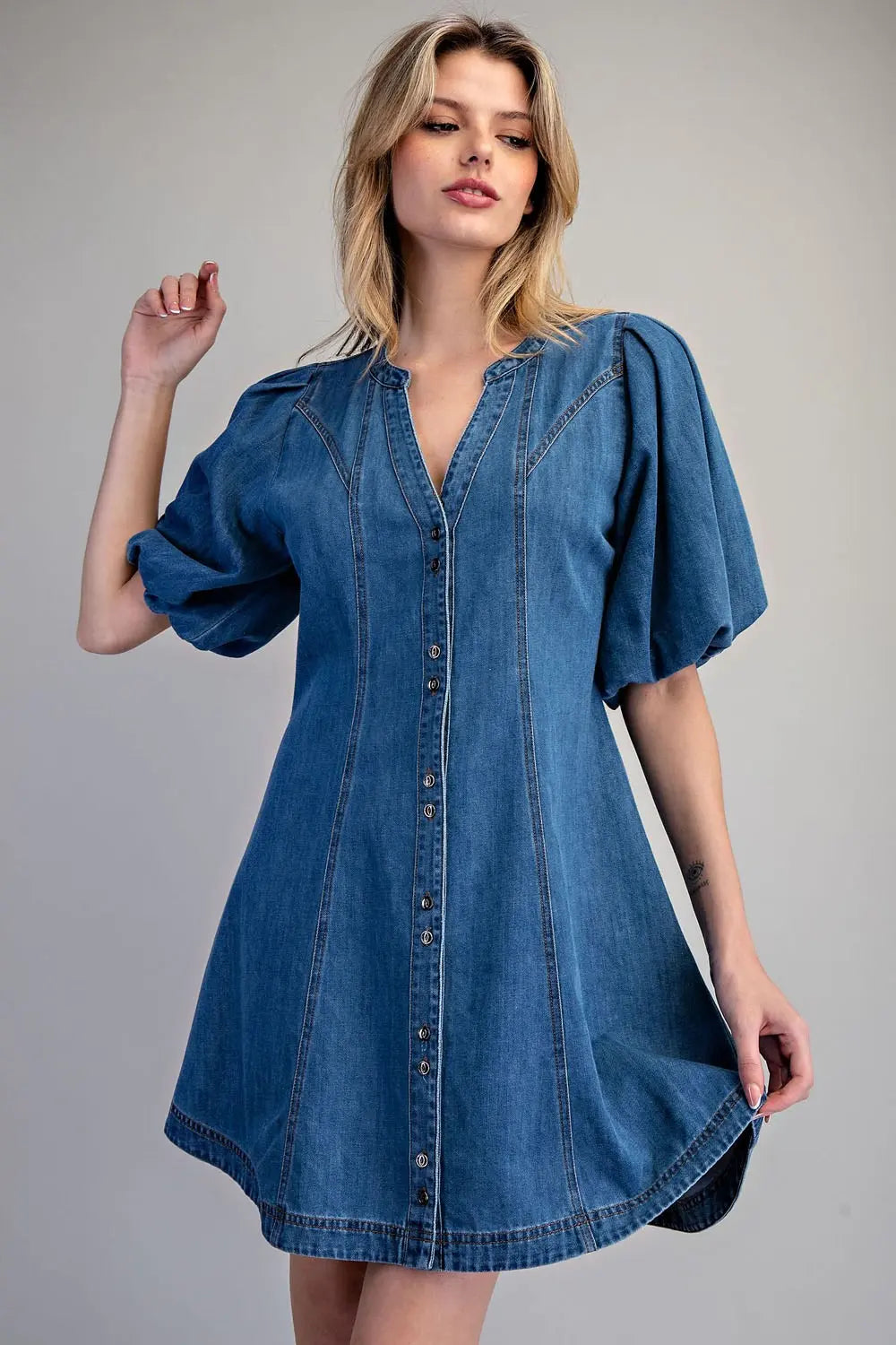 Denim Button Down Puff Sleeve Mini Dress