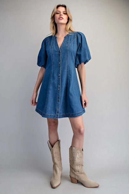Denim Button Down Puff Sleeve Mini Dress