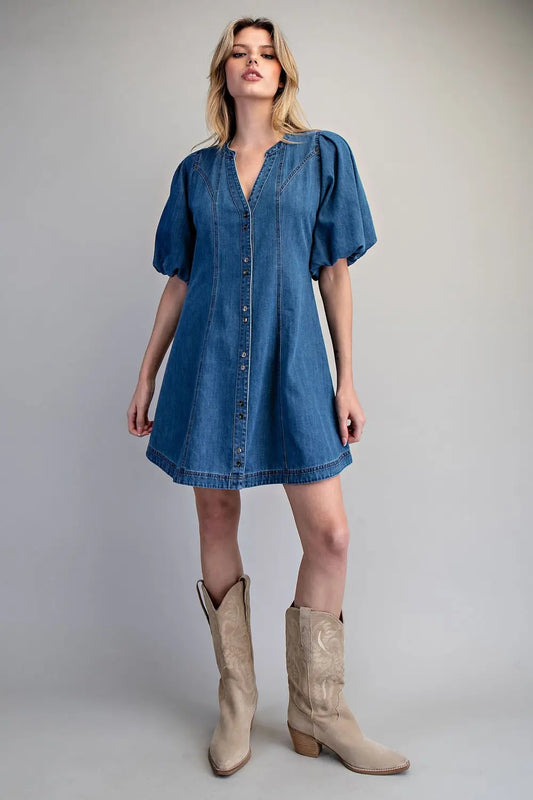 Denim Button Down Puff Sleeve Mini Dress