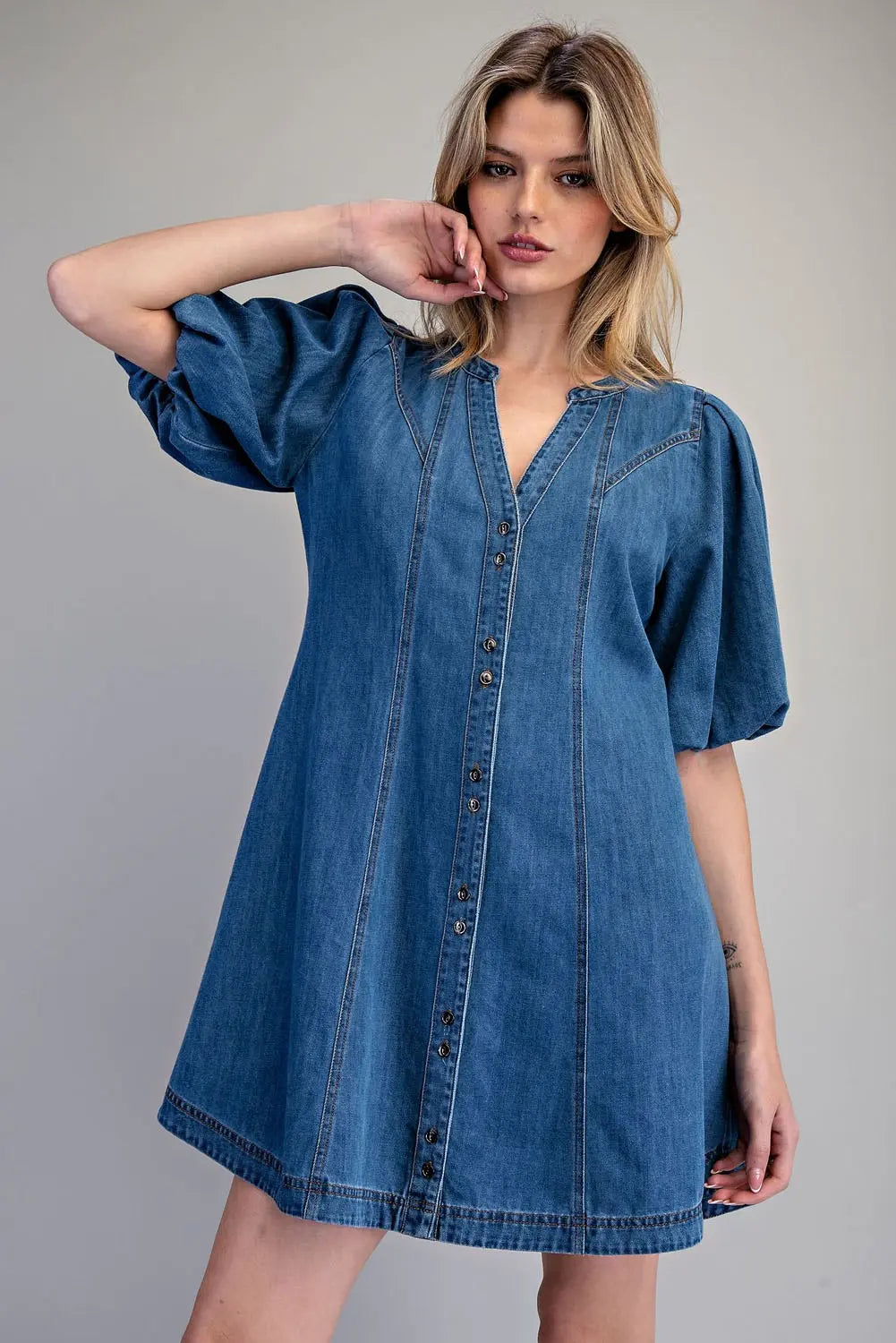 Denim Button Down Puff Sleeve Mini Dress