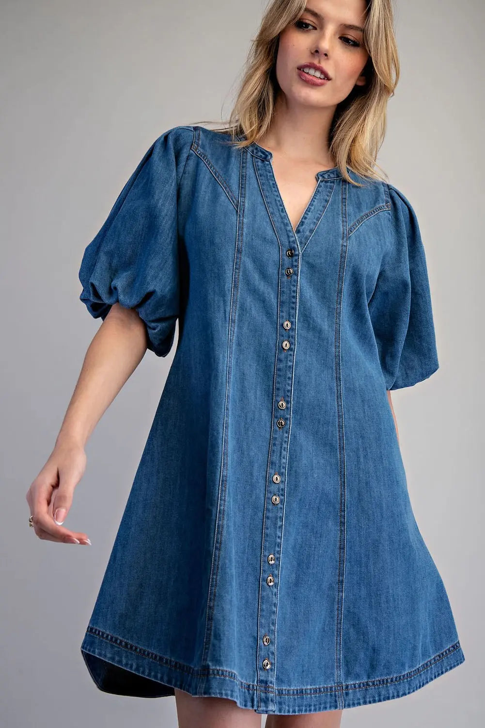 Denim Button Down Puff Sleeve Mini Dress