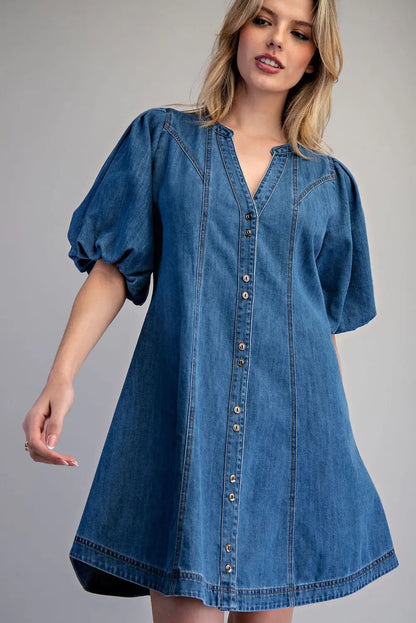 Denim Button Down Puff Sleeve Mini Dress