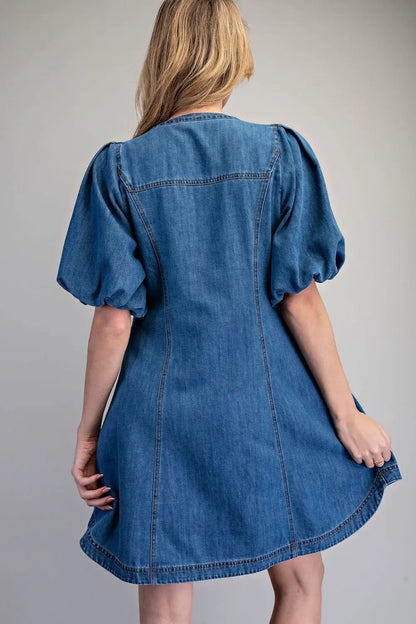 Denim Button Down Puff Sleeve Mini Dress