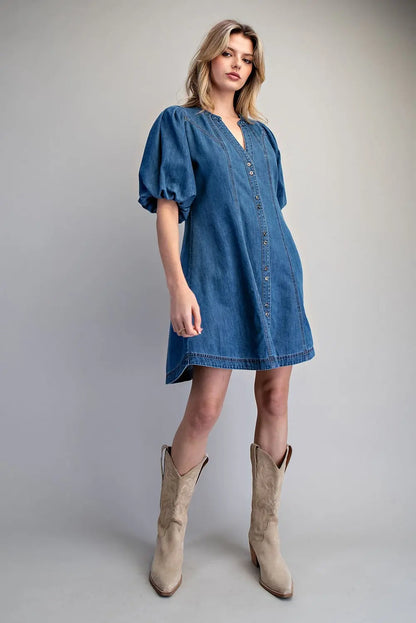 Denim Button Down Puff Sleeve Mini Dress