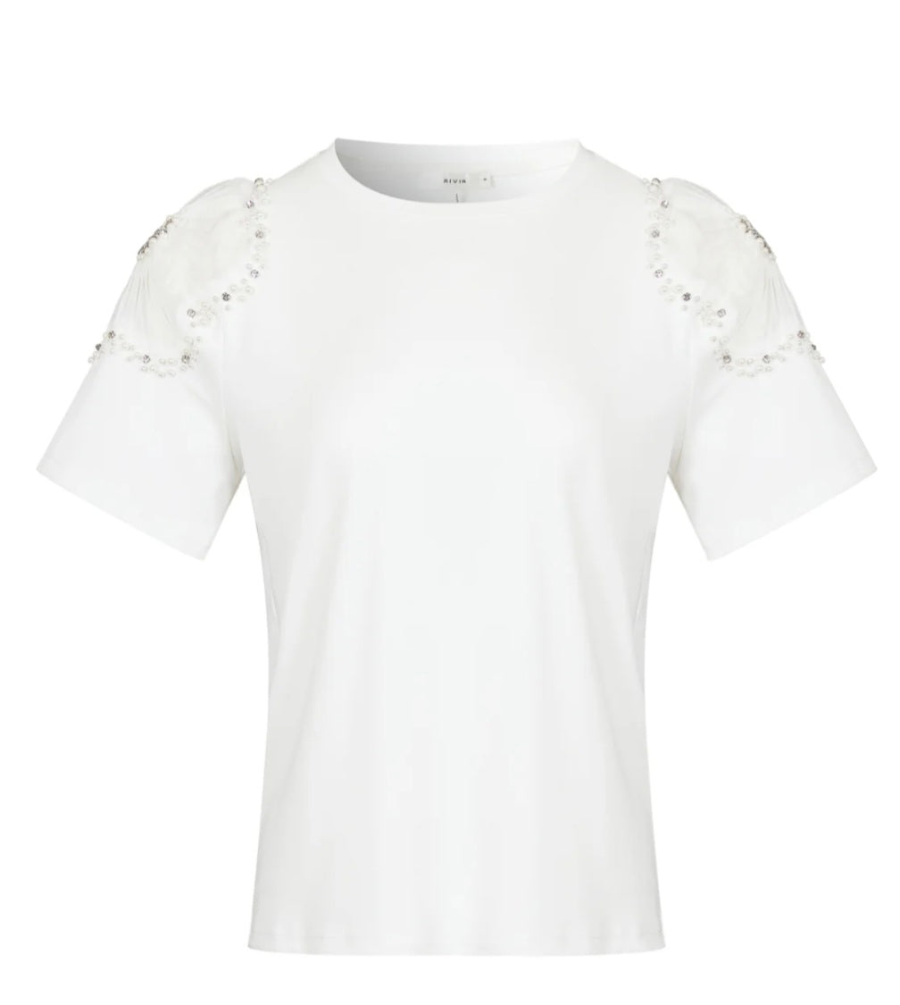 Tshirt blanca con aplicaciones de perlas y rainstone en hombros