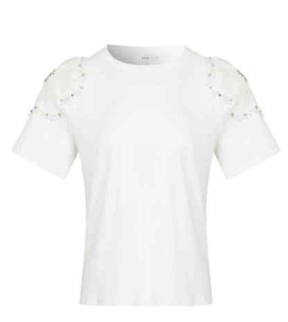 Tshirt blanca con aplicaciones de perlas y rainstone en hombros