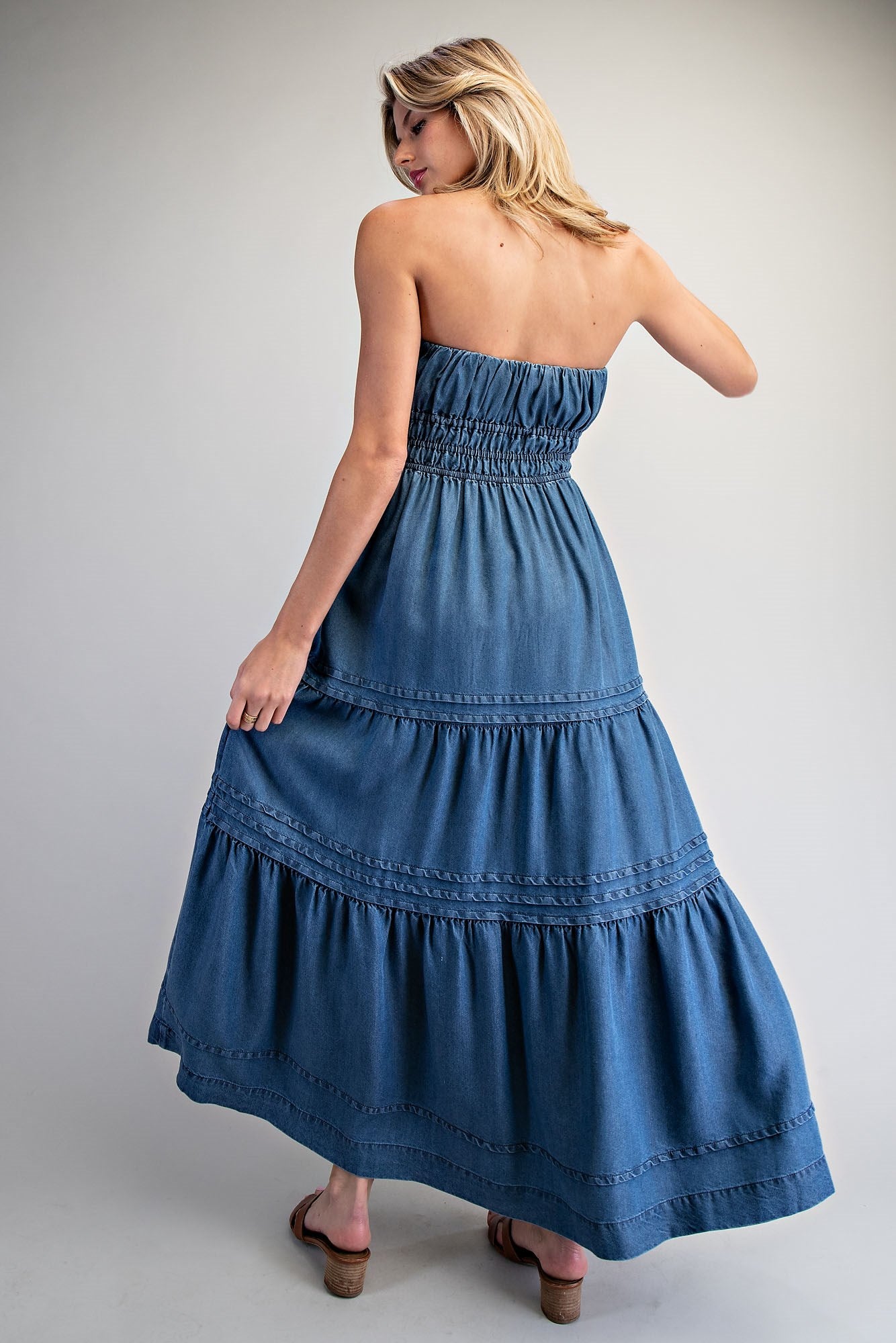 Denim strapless maxi