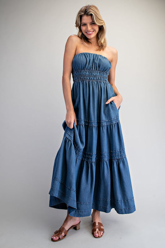 Denim strapless maxi