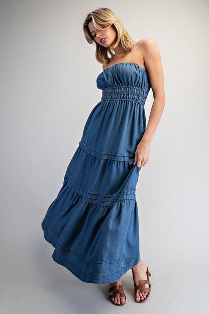 Denim strapless maxi