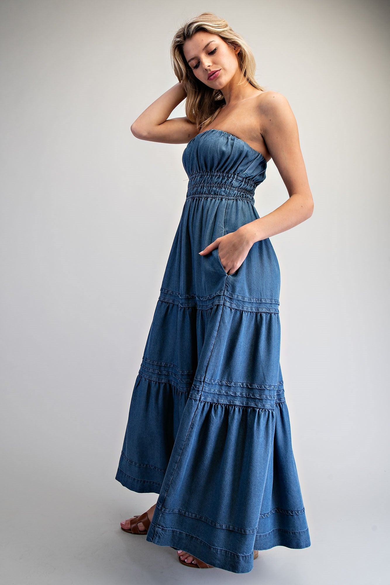 Denim strapless maxi