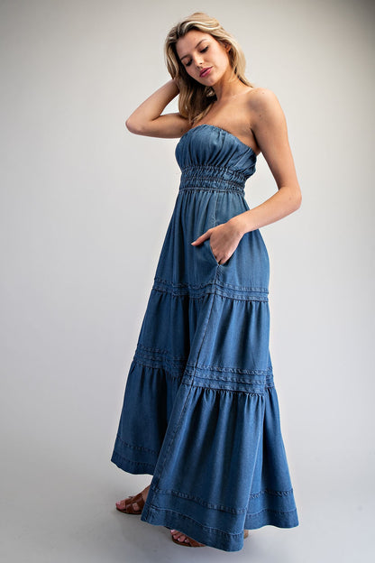 Denim strapless maxi